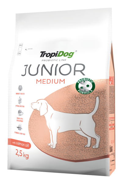 TropiDog Probiotic Line Junior für mittelgroße Rassen - reich an Truthahn und Lachs, mit Lachsöl